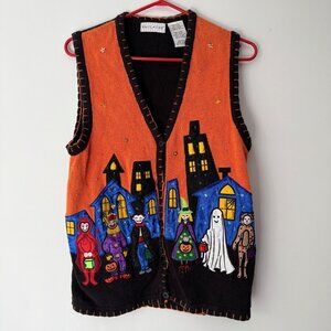 90s vintage halloween costume novelty embroidered button up knit sweater vest